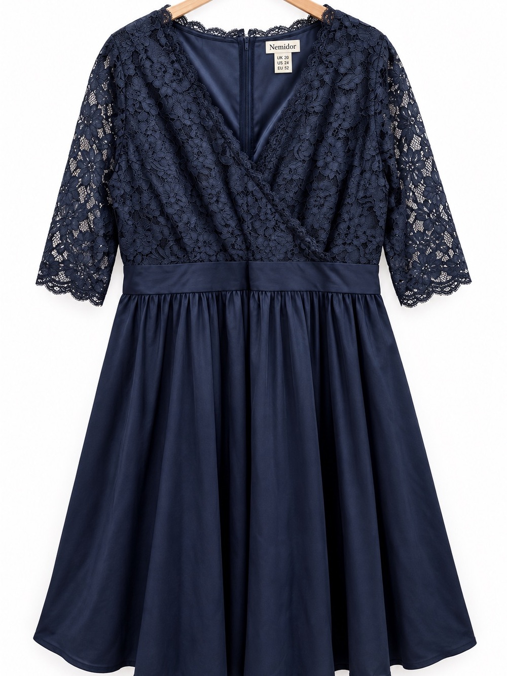 Nemidor US 24 Navy Blue Floral Lace Midi Dress 3/4 Sleeve Plus Size